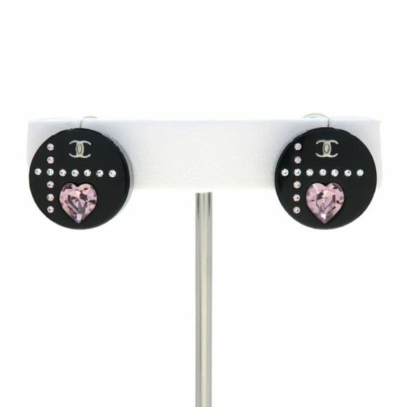 CHANEL CC Logos Rhinestone Heart Black Round Earrings Silver Tone 04A Auth #659F - Picture 1 of 9